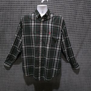 Button Long Sleeve Collared Shirt Mens Lg Green Plaid Holiday Lightweight Logo